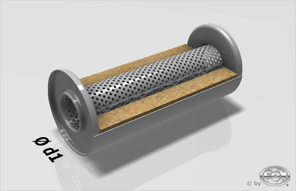 Fox Uni-Schalldämpfer rund ohne Stutzen - Abwicklung 390 Ø 125mm, d1Ø 80mm außen, Länge: 250mm