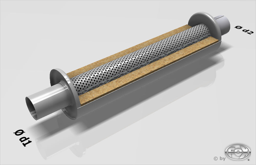 Fox Uni-Schalldämpfer rund mit Stutzen - Abwicklung 390 Ø 125mm, d1Ø 80mm außen,  d2Ø 80mm innen, Länge: 420mm