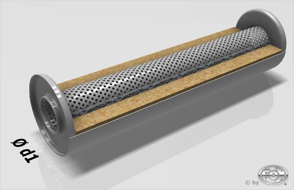 Fox Uni-Schalldämpfer rund ohne Stutzen - Abwicklung 355 Ø 114mm, d1Ø 88,9mm, Länge: 420mm