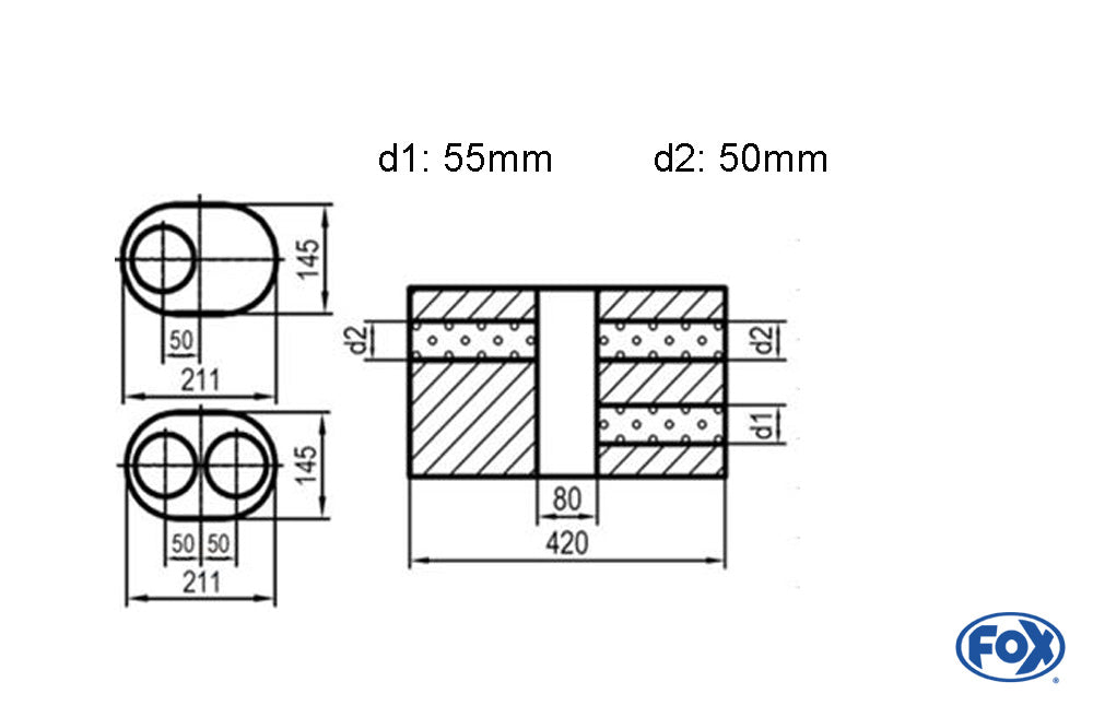 Fox Uni-Schalldämpfer oval zweiflutig mit Kammer -Abwicklung 585 211x145mm, d1Ø 55mm  d2Ø 50mm, Länge: 420mm - Variante 1