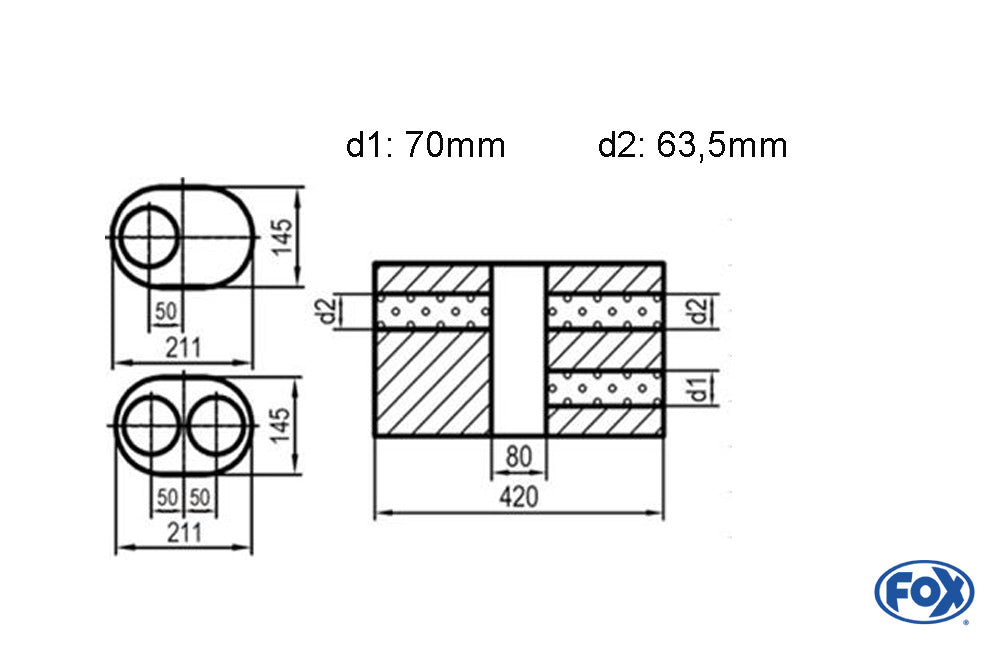 Fox Uni-Schalldämpfer oval zweiflutig mit Kammer -Abwicklung 585 211x145mm, d1Ø 70mm  d2Ø 63,5mm, Länge: 420mm - Variante 1