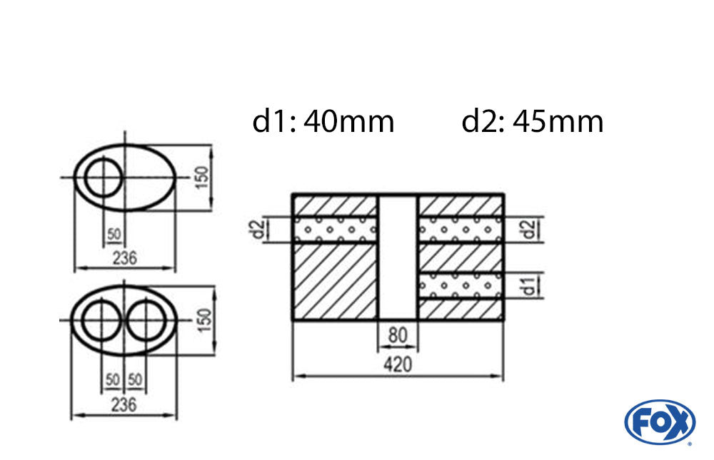 Fox Uni-Schalldämpfer oval zweiflutig mit Kammer -Abwicklung 618 236x150mm, d1Ø 45mm  d2Ø 40mm, Länge: 420mm - Variante 1