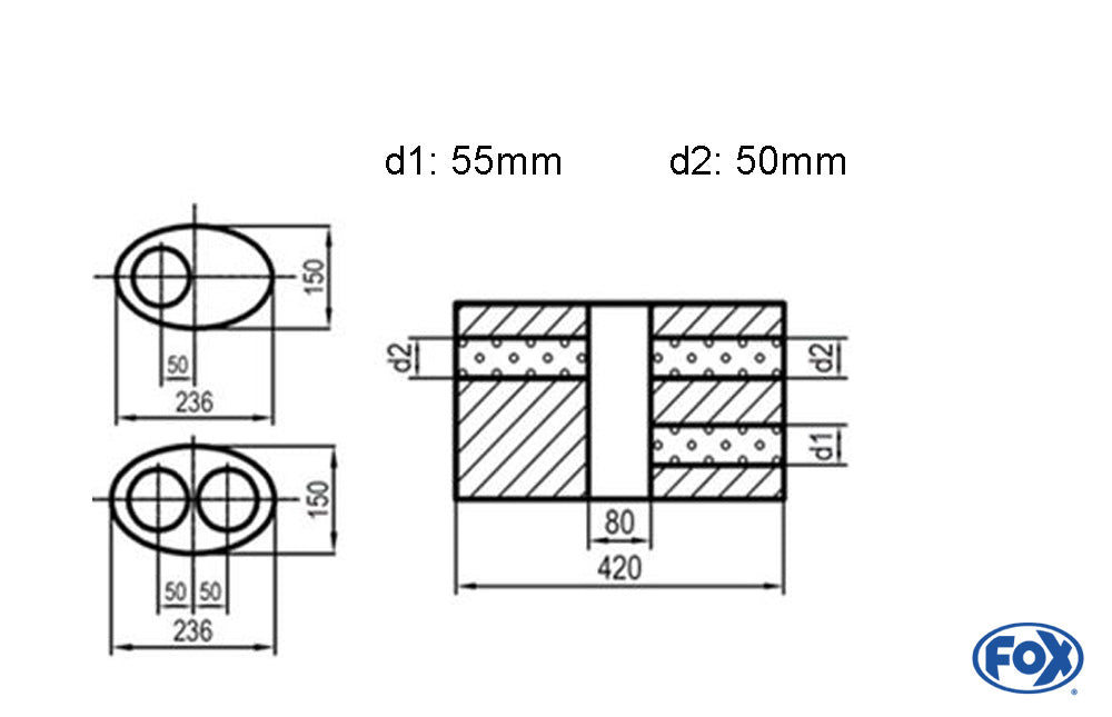 Fox Uni-Schalldämpfer oval zweiflutig mit Kammer -Abwicklung 618 236x150mm, d1Ø 55mm  d2Ø 50mm, Länge: 420mm - Variante 1