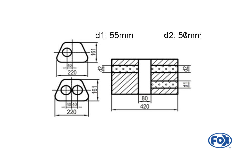 Fox Uni-Schalldämpfer Trapezoid zweiflutig mit Kammer - Abw. 644 220x161mm, d1Ø 55mm  d2Ø 50mm, Länge: 420mm - Variante 1