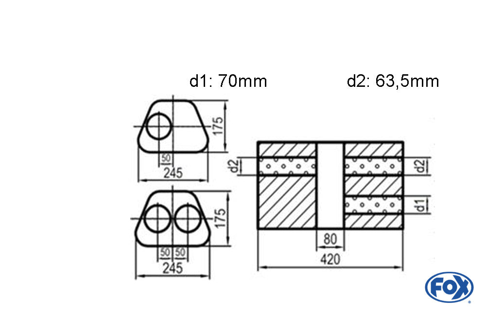Fox Uni-Schalldämpfer Trapezoid zweiflutig mit Kammer - Abw. 711 245x175mm, d1Ø 70mm  d2Ø 60mm, Länge: 420mm - Variante 1