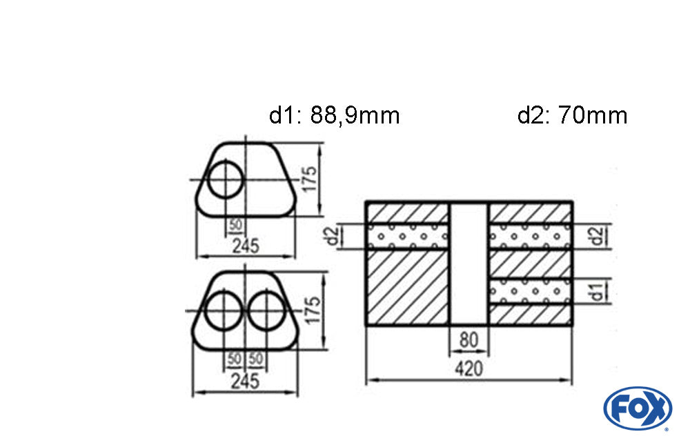 Fox Uni-Schalldämpfer Trapezoid zweiflutig mit Kammer - Abw. 711 245x175mm, d1Ø 88,9mm  d2Ø 70mm, Länge: 420mm - Variante 1