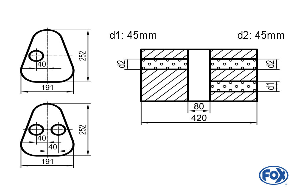 Fox Uni-Schalldämpfer Dreieckig mit Kammer - Abwicklung 725 Variante 1 191x252mm, d1Ø 45mm außen / d2Ø 2x45mm außen - Länge: 420mm
