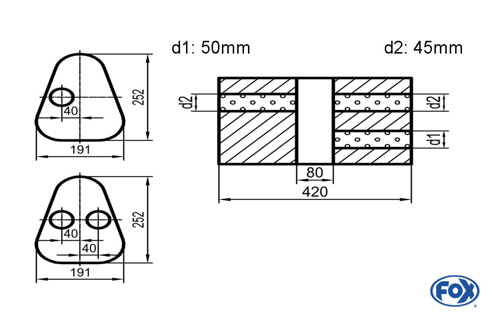 Fox Uni-Schalldämpfer Dreieckig mit Kammer - Abwicklung 725 Variante 1 191x252mm, d1Ø 50mm außen / d2Ø 2x45mm außen - Länge: 420mm