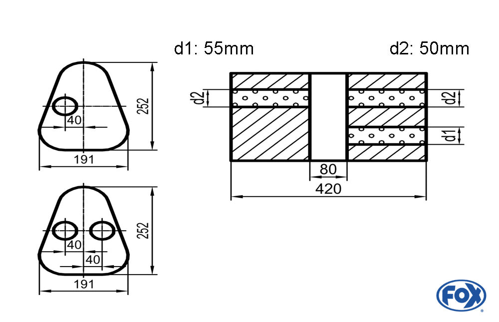 Fox Uni-Schalldämpfer Dreieckig mit Kammer - Abwicklung 725 Variante 1 191x252mm, d1Ø 55mm außen / d2Ø 2x50mm außen - Länge: 420mm
