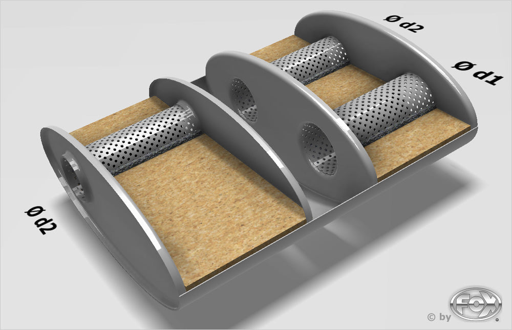 Fox Uni-Schalldämpfer oval zweiflutig mit Kammer - Abw. 818 356x160mm, d1Ø 80mm  d2Ø 70mm, Länge: 420mm - Variante 1