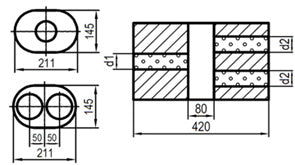 Fox Uni-Schalldämpfer oval zweiflutig mit Kammer - Abw. 585 211x145mm, d1Ø 76mm  d2Ø 63,5mm, Länge: 420mm - Variante 2