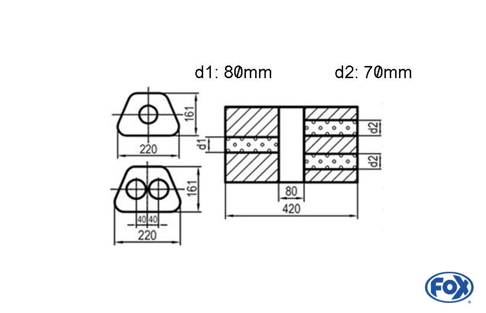 Fox Uni-Schalldämpfer Trapezoid zweiflutig mit Kammer - Abw. 644 220x161mm, d1Ø 80mm  d2Ø 70mm, Länge: 420mm - Variante 2