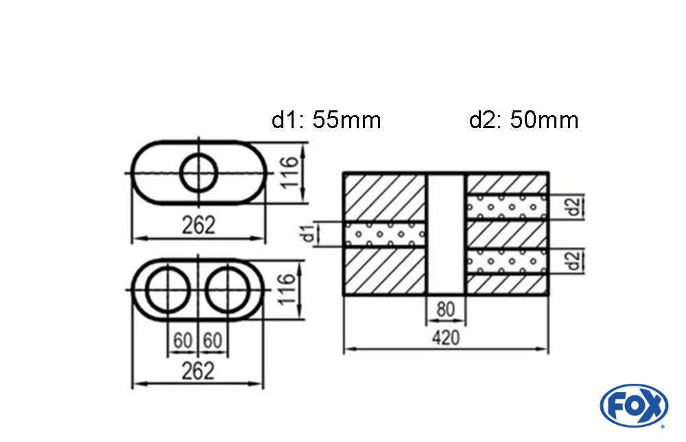Fox Uni-Schalldämpfer oval zweiflutig mit Kammer - Abw. 650 262x116mm, d1Ø 55mm  d2Ø 50mm, Länge: 420mm - Variante 2