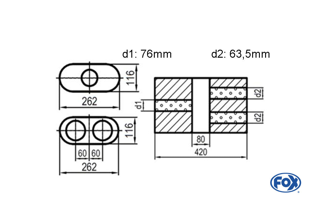 Fox Uni-Schalldämpfer oval zweiflutig mit Kammer - Abw. 650 262x116mm, d1Ø 76mm  d2Ø 63,5mm, Länge: 420mm - Variante 2