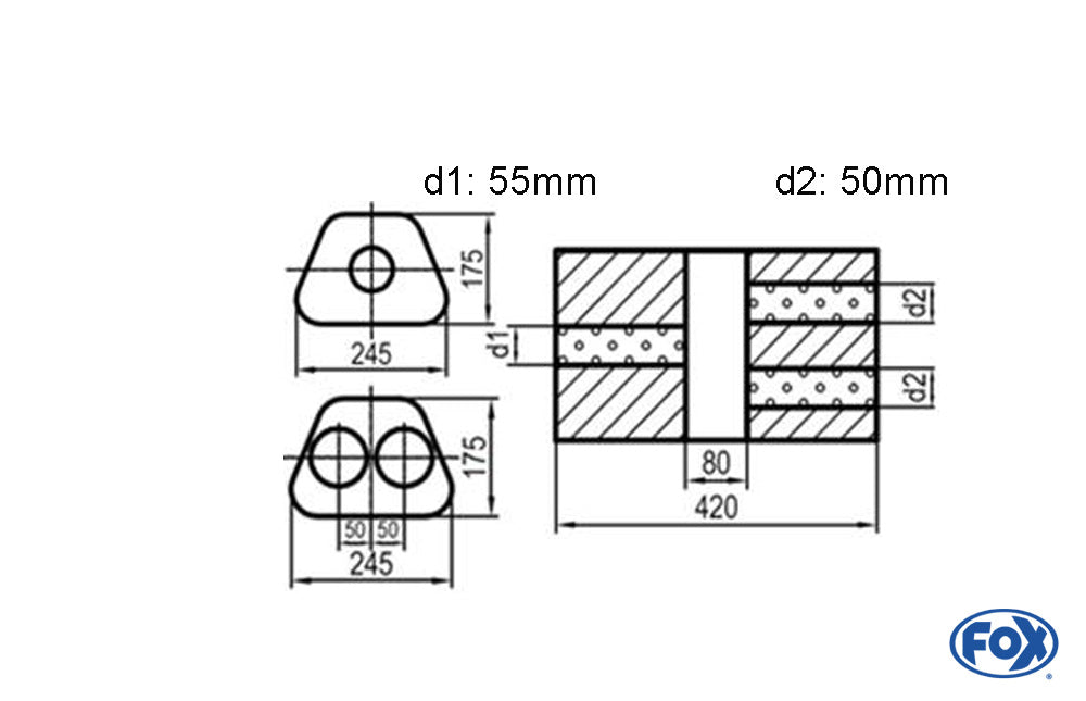 Fox Uni-Schalldämpfer Trapezoid zweiflutig mit Kammer - Abw. 711 245x175mm, d1Ø 55mm  d2Ø 50mm, Länge: 420mm - Variante 2