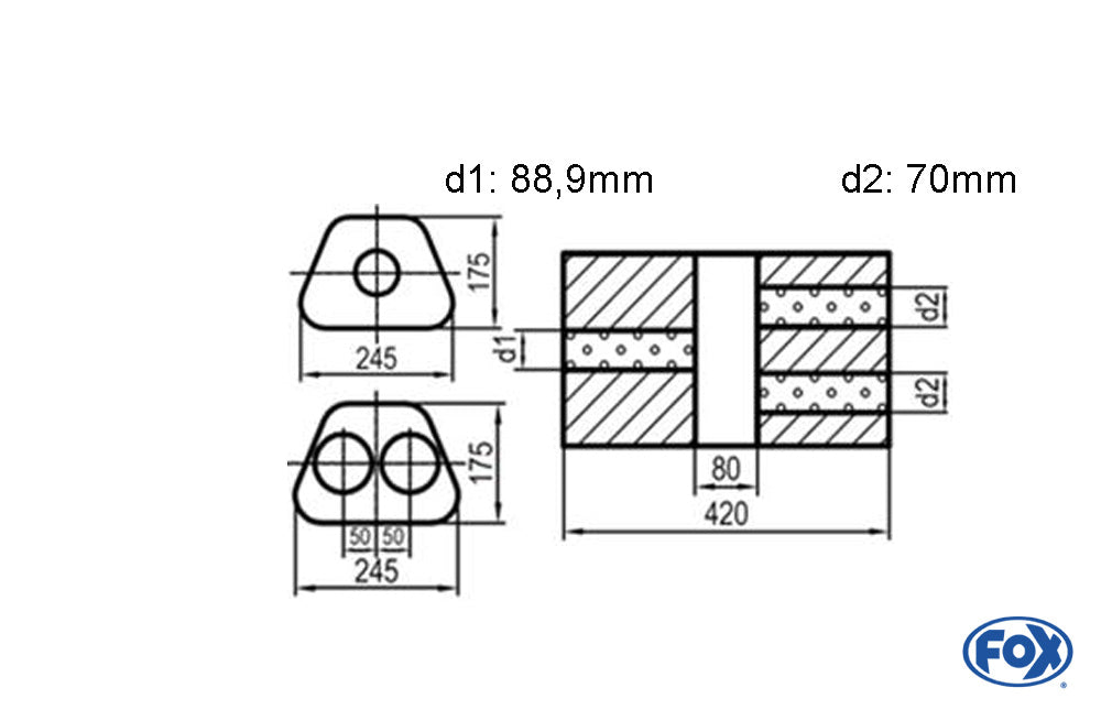 Fox Uni-Schalldämpfer Trapezoid zweiflutig mit Kammer - Abw. 711 245x175mm, d1Ø 88,9mm  d2Ø 70mm, Länge: 420mm - Variante 2