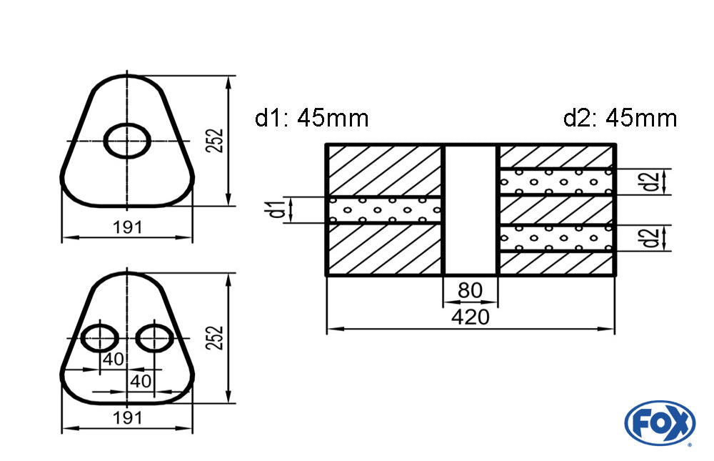 Fox Uni-Schalldämpfer Dreieckig mit Kammer - Abwicklung 725 Variante 2 191x252mm, d1Ø 45mm außen / d2Ø 2x45mm außen - Länge: 420mm