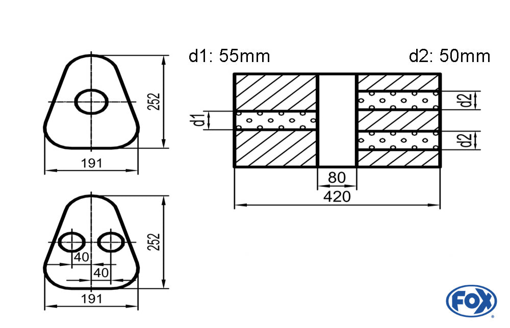 Fox Uni-Schalldämpfer Dreieckig mit Kammer - Abwicklung 725 Variante 2 191x252mm, d1Ø 55mm außen / d2Ø 2x50mm außen - Länge: 420mm