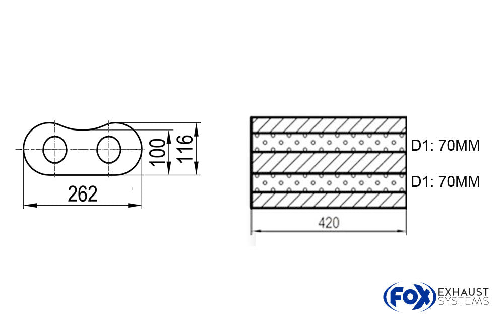 Fox Uni-Schalldämpfer oval zweifllutig ohne Stutzen - Abw. 655 262x116mm, d1Ø 70mm, Länge: 420mm