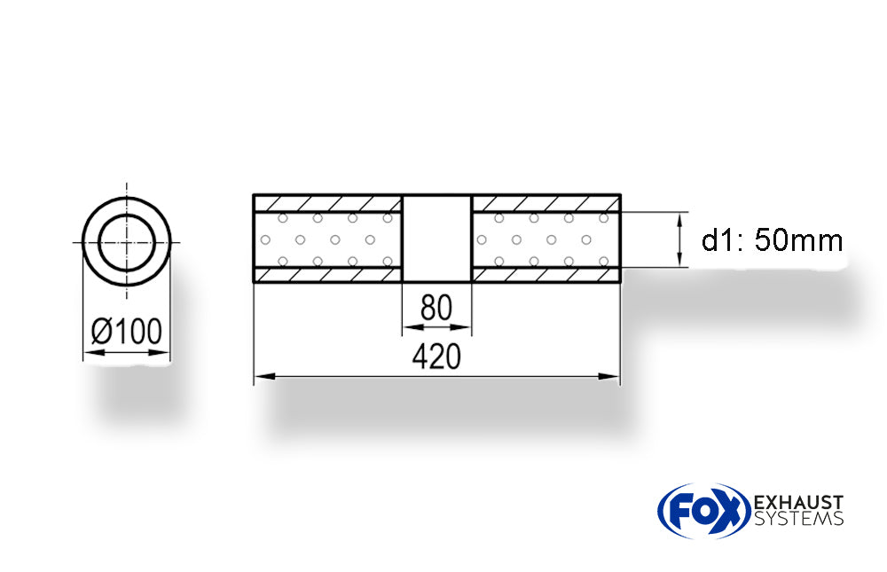 Fox Uni-Schalldämpfer rund ohne Stutzen mit Kammer - Abw. 314 Ø 100mm, d1Ø 50mm (außen), Länge: 420mm