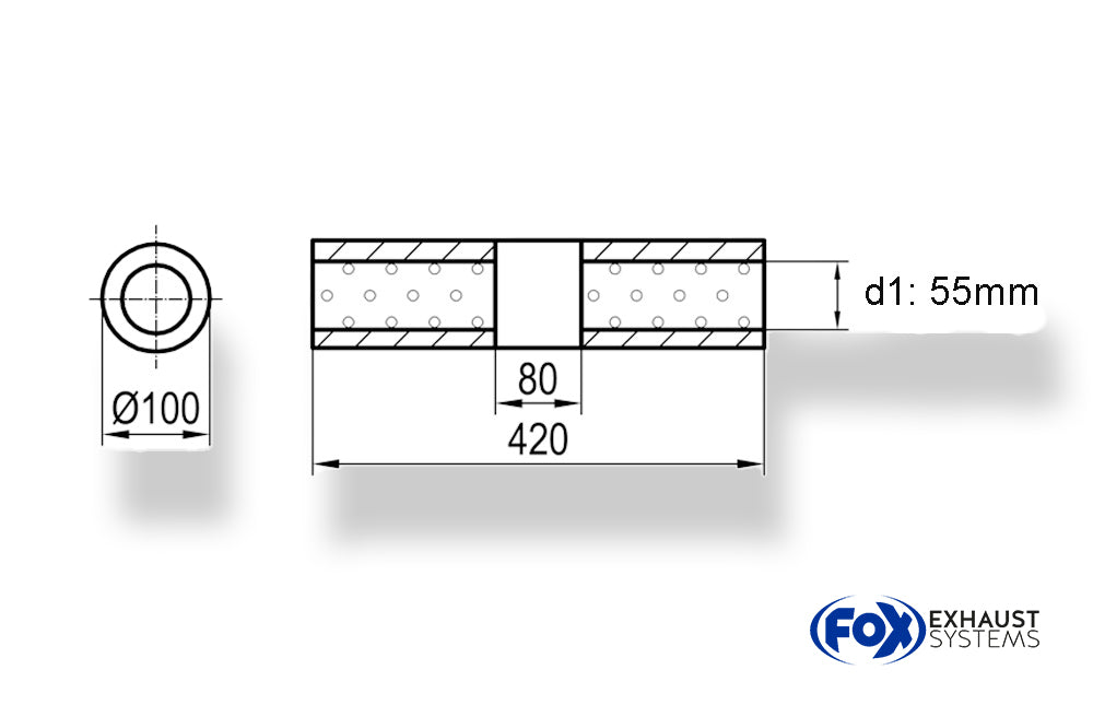 Fox Uni-Schalldämpfer rund ohne Stutzen mit Kammer - Abw. 314 Ø 100mm, d1Ø 55mm (außen), Länge: 420mm