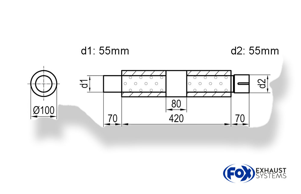 Fox Uni-Schalldämpfer rund mit Kammer + Stutzen - Abw. 314 Ø 100mm, d1Ø 55mm (außen), d2Ø 55mm (innen), Länge: 420mm