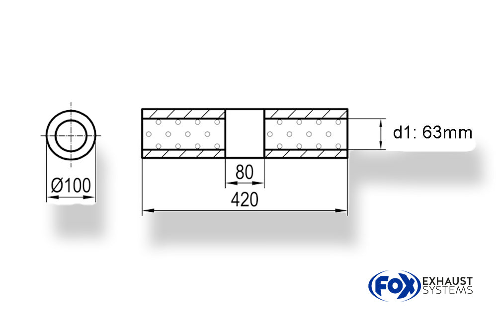 Fox Uni-Schalldämpfer rund ohne Stutzen mit Kammer - Abw. 314 Ø 100mm, d1Ø 63,5mm (außen), Länge: 420mm