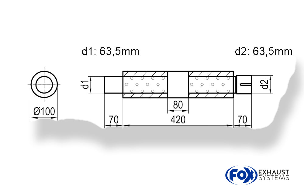 Fox Uni-Schalldämpfer rund mit Kammer + Stutzen - Abw. 314 Ø 100mm, d1Ø 63,5mm (außen), d2Ø 63,5mm (innen), Länge: 420mm