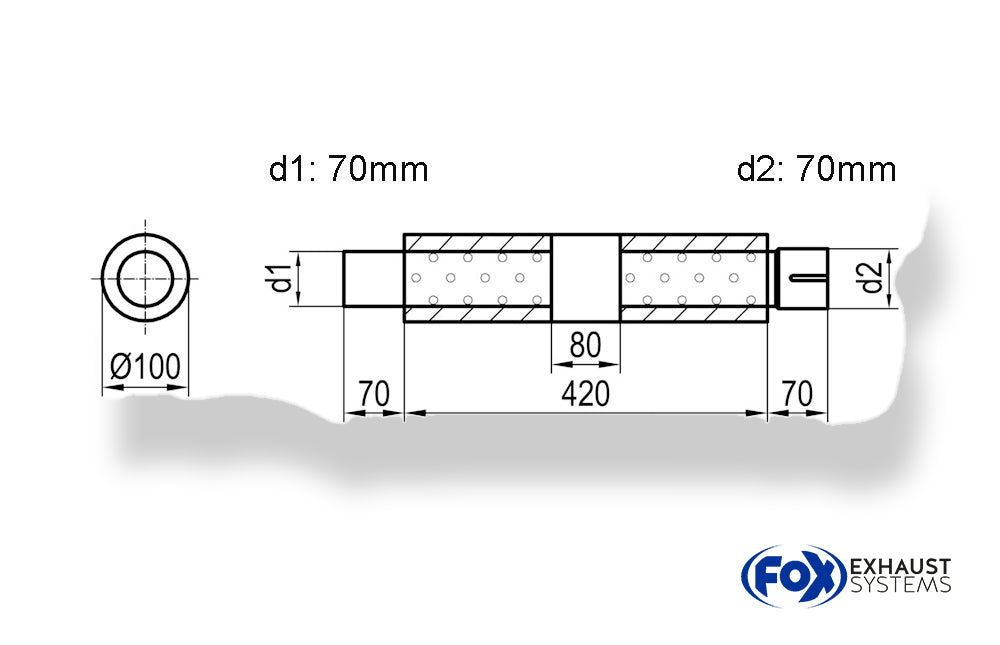 Fox Uni-Schalldämpfer rund mit Kammer + Stutzen - Abw. 314 Ø 100mm, d1Ø 70mm (außen), d2Ø 70mm (innen), Länge: 420mm