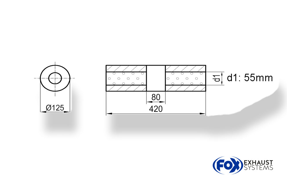 Fox Uni-Schalldämpfer rund ohne Stutzen mit Kammer - Abw. 390 Ø 125mm, d1Ø 55mm (außen), Länge: 420mm