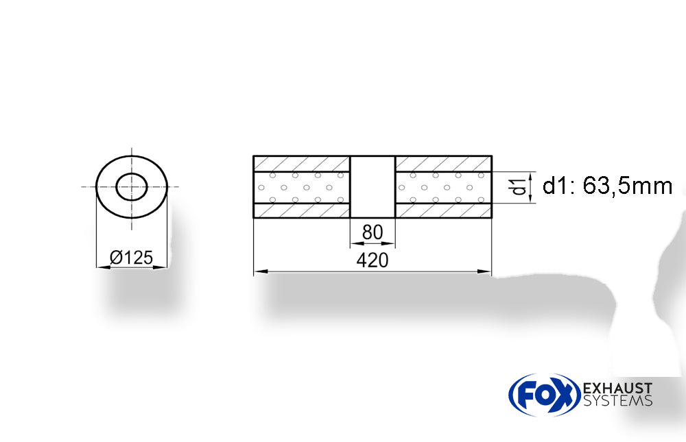 Fox Uni-Schalldämpfer rund ohne Stutzen mit Kammer - Abw. 390 Ø 125mm, d1Ø 63,5mm (außen), Länge: 420mm
