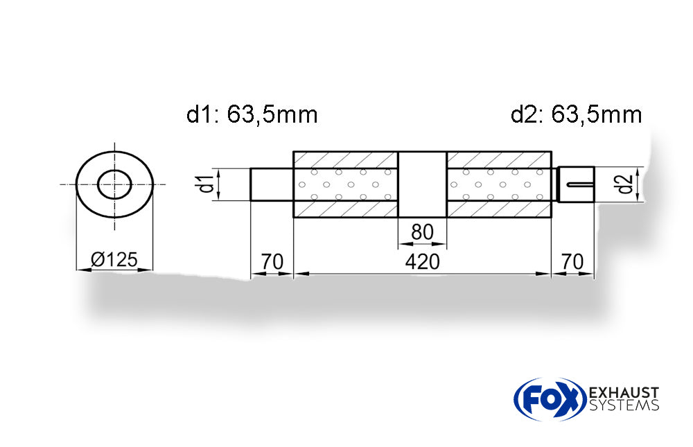 Fox Uni-Schalldämpfer rund mit Kammer + Stutzen - Abw. 390 Ø 125mm, d1Ø 63,5mm (außen), d2Ø 63,5mm (innen), Länge: 420mm