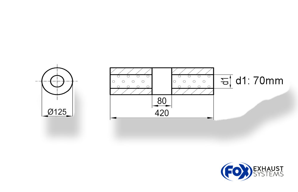 Fox Uni-Schalldämpfer rund ohne Stutzen mit Kammer - Abw. 390 Ø 125mm, d1Ø 70mm (außen), Länge: 420mm