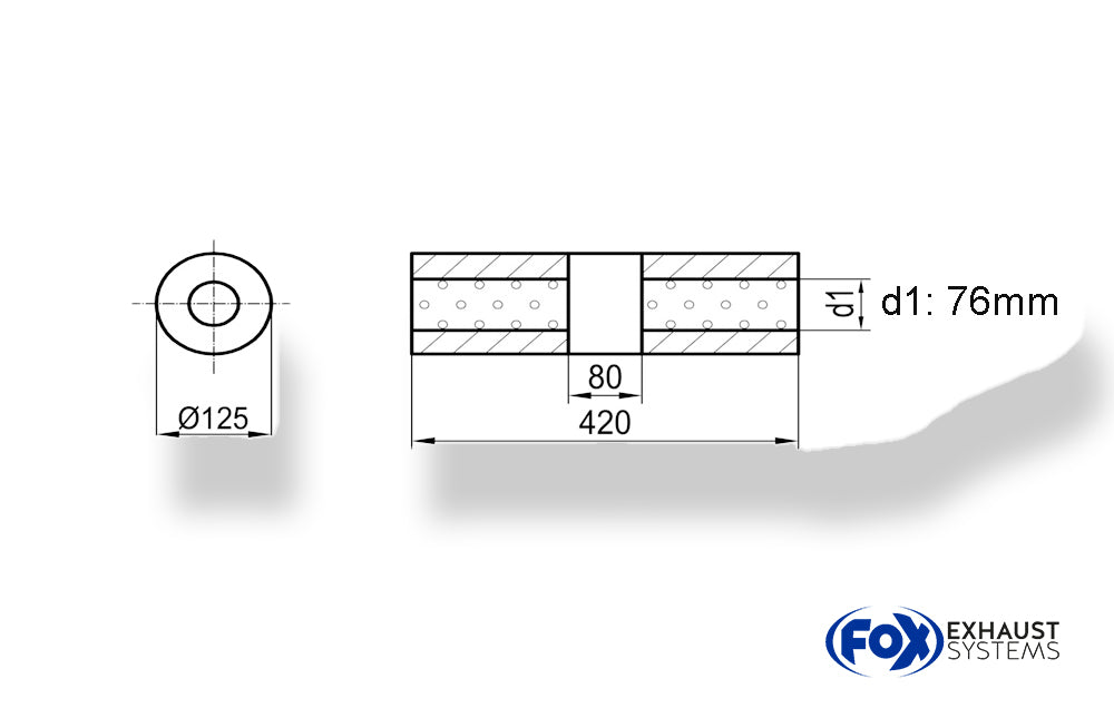 Fox Uni-Schalldämpfer rund ohne Stutzen mit Kammer - Abw. 390 Ø 125mm, d1Ø 76mm (außen), Länge: 420mm