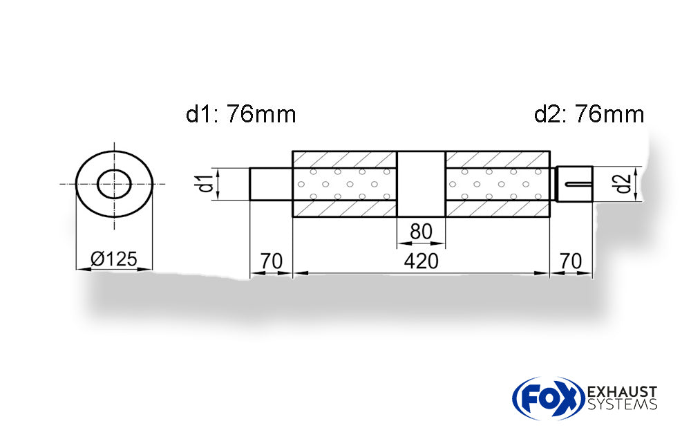Fox Uni-Schalldämpfer rund mit Kammer + Stutzen - Abw. 390 Ø 125mm, d1Ø 76mm (außen), d2Ø 76mm (innen), Länge: 420mm