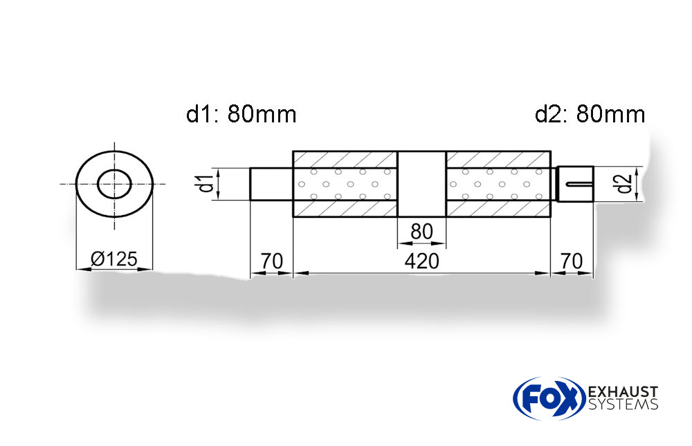 Fox Uni-Schalldämpfer rund mit Kammer + Stutzen - Abw. 390 Ø 125mm, d1Ø 80mm (außen), d2Ø 80mm (innen), Länge: 420mm