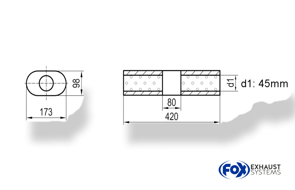 Fox Uni-Schalldämpfer Oval ohne Stutzen mit Kammer - Abw. 450 173x98mm, d1Ø 45mm (außen), Länge: 420mm