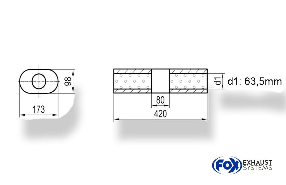 Fox Uni-Schalldämpfer Oval ohne Stutzen mit Kammer - Abw. 450 173x98mm, d1Ø 63,5mm (außen), Länge: 420mm