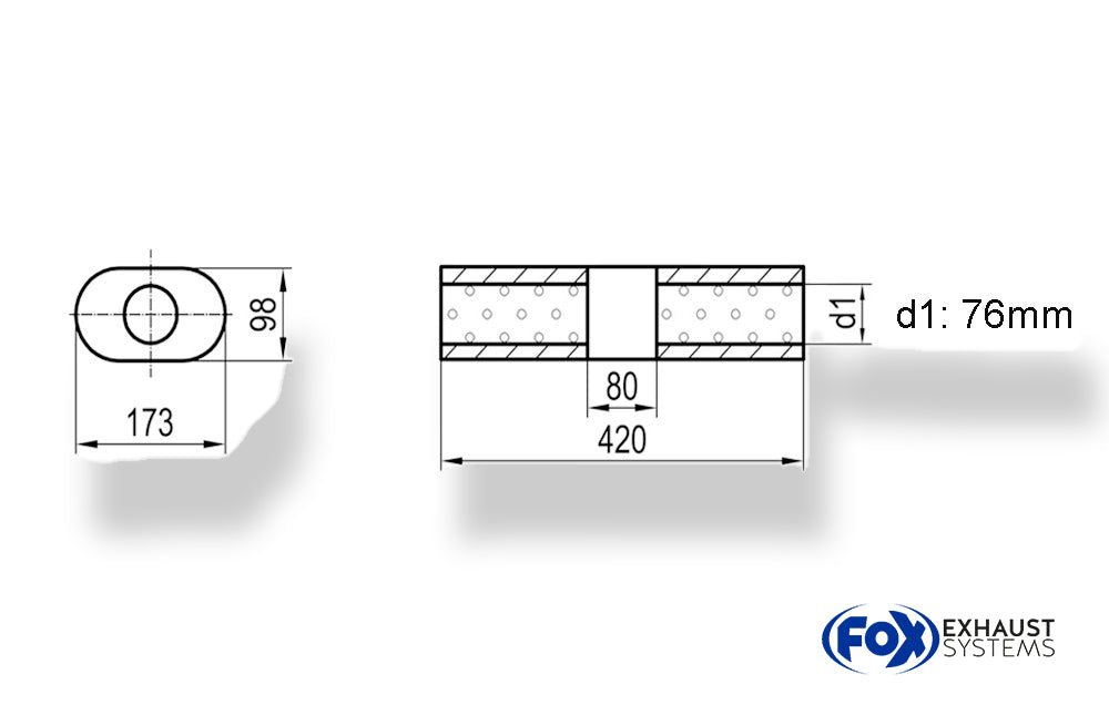 Fox Uni-Schalldämpfer Oval ohne Stutzen mit Kammer - Abw. 450 173x98mm, d1Ø 76mm (außen), Länge: 420mm