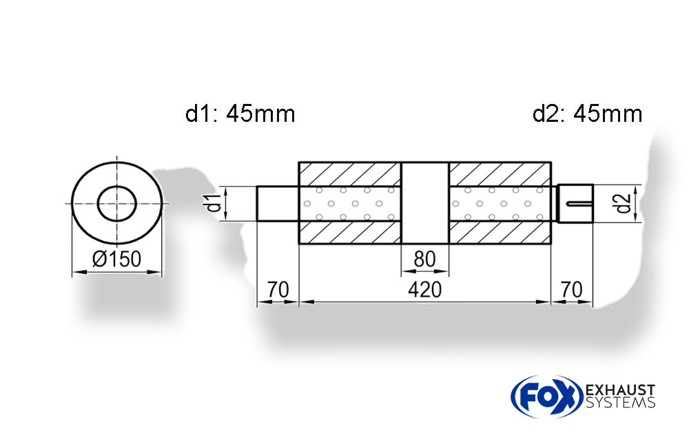 Fox Uni-Schalldämpfer rund mit Kammer + Stutzen - Abw. 466 Ø 150mm, d1Ø 45mm (außen), d2Ø 45mm (innen), Länge: 420mm