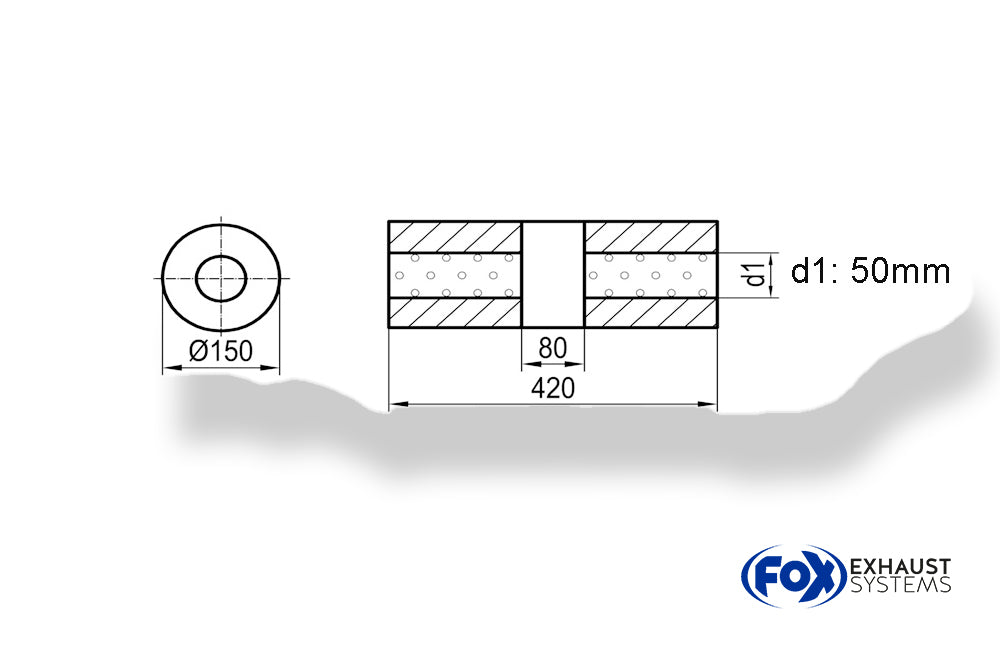 Fox Uni-Schalldämpfer rund ohne Stutzen mit Kammer - Abw. 466 Ø 150mm, d1Ø 50mm (außen), Länge: 420mm