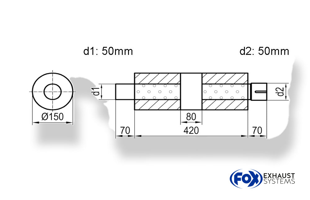 Fox Uni-Schalldämpfer rund mit Kammer + Stutzen - Abw. 466 Ø 150mm, d1Ø 50mm (außen), d2Ø 50mm (innen), Länge: 420mm