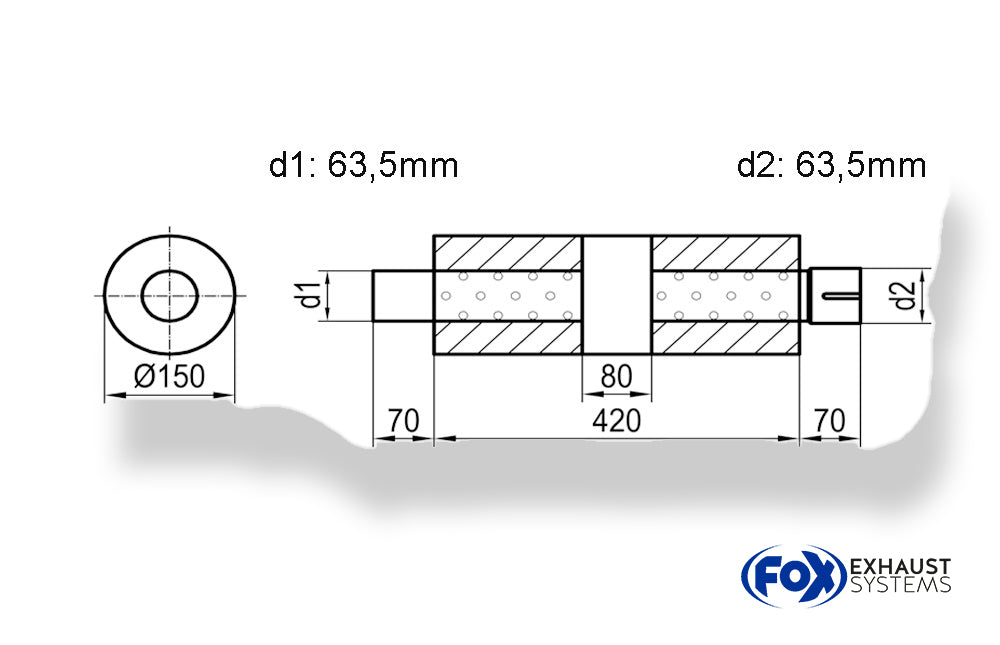 Fox Uni-Schalldämpfer rund mit Kammer + Stutzen - Abw. 466 Ø 150mm, d1Ø 63,5mm (außen), d2Ø 63,5mm (innen), Länge: 420mm