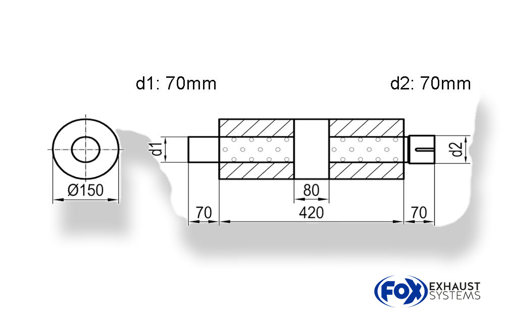 Fox Uni-Schalldämpfer rund mit Kammer + Stutzen - Abw. 466 Ø 150mm, d1Ø 70mm (außen), d2Ø 70mm (innen), Länge: 420mm
