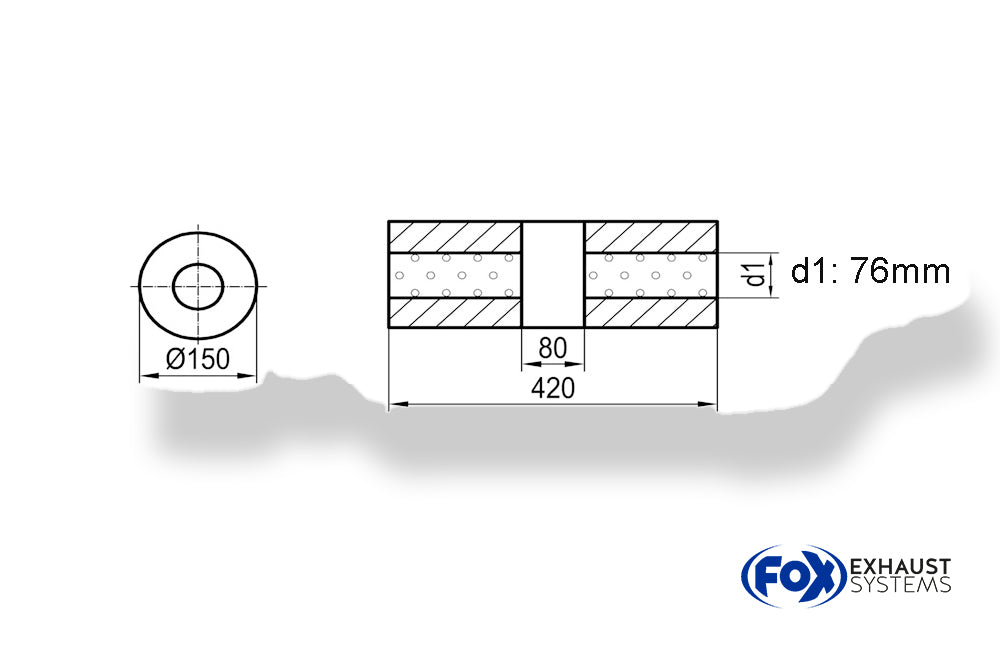 Fox Uni-Schalldämpfer rund ohne Stutzen mit Kammer - Abw. 466 Ø 150mm, d1Ø 76mm (außen), Länge: 420mm