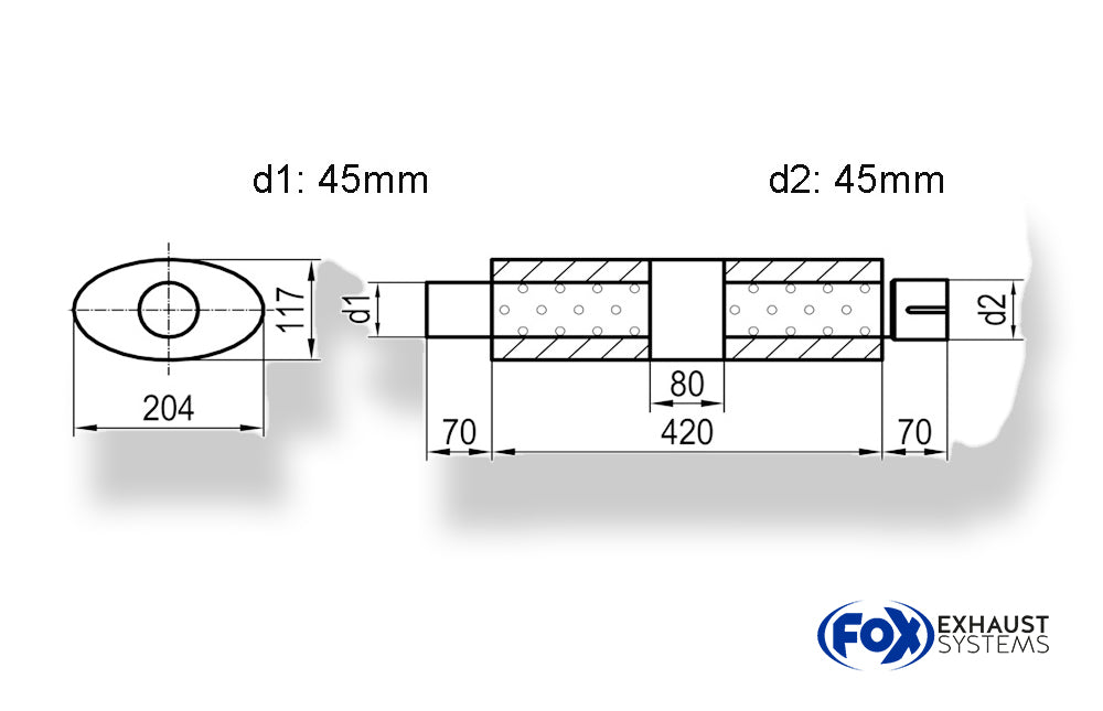 Fox Uni-Schalldämpfer Oval mit Kammer + Stutzen - Abw. 525 204x117mm, d1Ø 45mm (außen), d2Ø 45mm (innen), Länge: 420mm