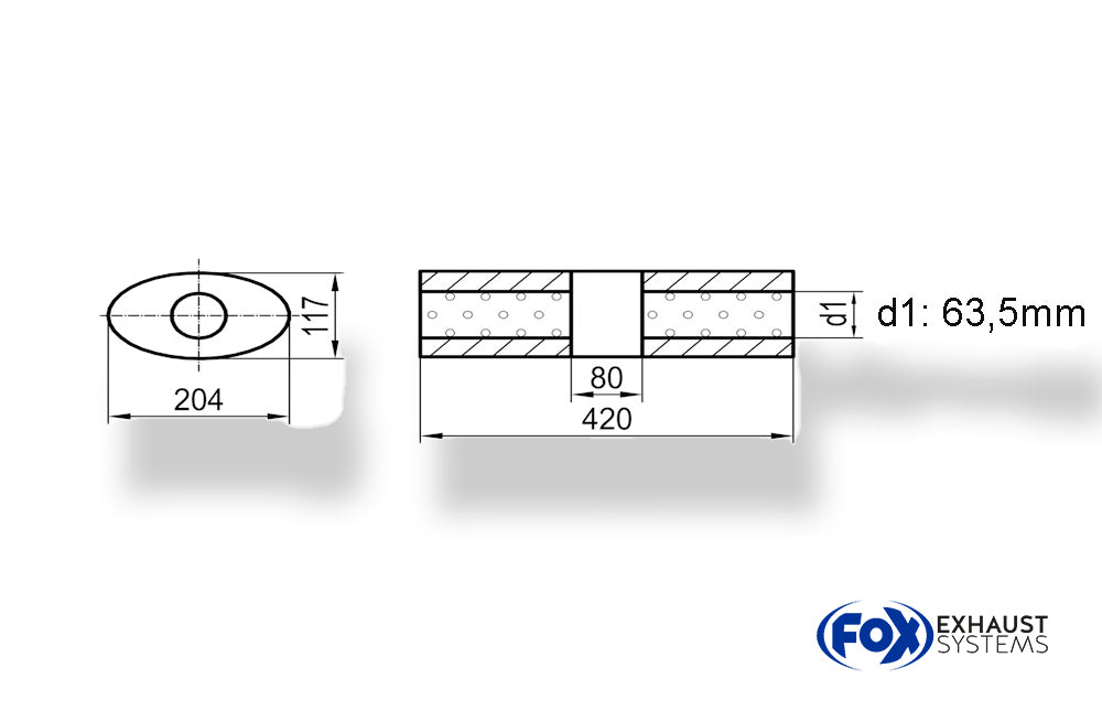 Fox Uni-Schalldämpfer Oval ohne Stutzen mit Kammer - Abw. 525 204x117mm, d1Ø 63,5mm (außen), Länge: 420mm