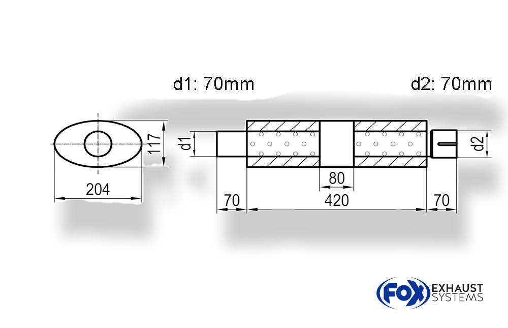 Fox Uni-Schalldämpfer Oval mit Kammer + Stutzen - Abw. 525 204x117mm, d1Ø 70mm (außen), d2Ø 70mm (innen), Länge: 420mm
