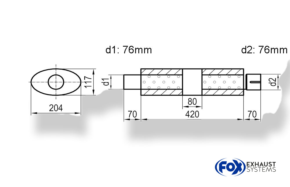 Fox Uni-Schalldämpfer Oval mit Kammer + Stutzen - Abw. 525 204x117mm, d1Ø 76mm (außen), d2Ø 76mm (innen), Länge: 420mm