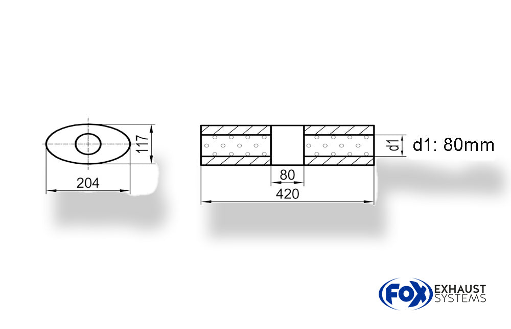 Fox Uni-Schalldämpfer Oval ohne Stutzen mit Kammer - Abw. 525 204x117mm, d1Ø 80mm (außen), Länge: 420mm